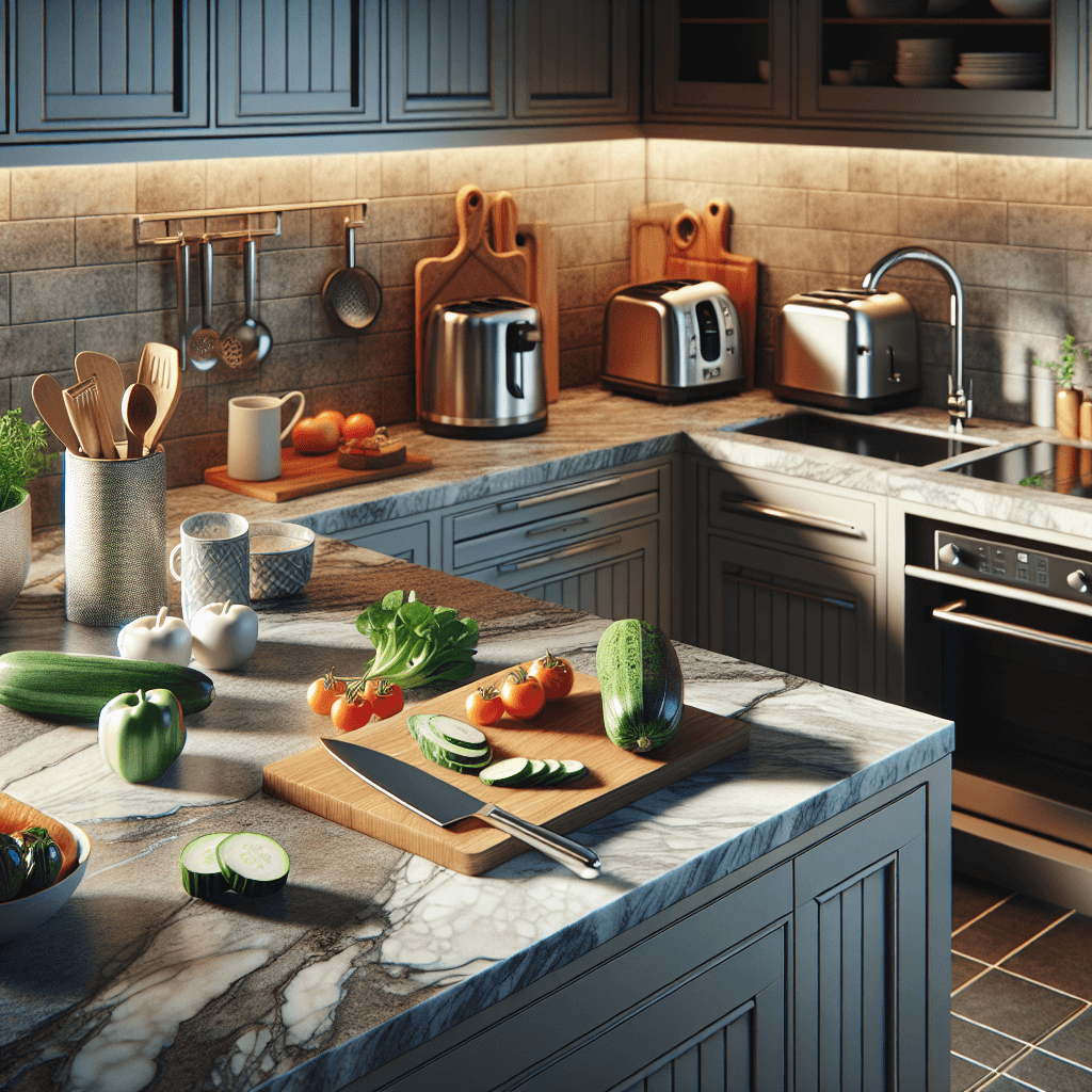 a kitchen with granite countertops and lots of items on the countertops