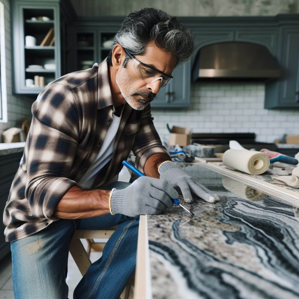 A man with glasses and gloves meticulously examines a piece of granite, focusing on refinishing the kitchen countertop in a workshop setting.