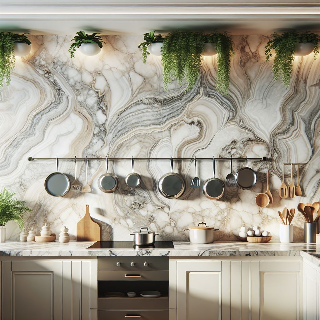 Modern kitchen interior with marble backsplash, hanging utensils, and greenery.