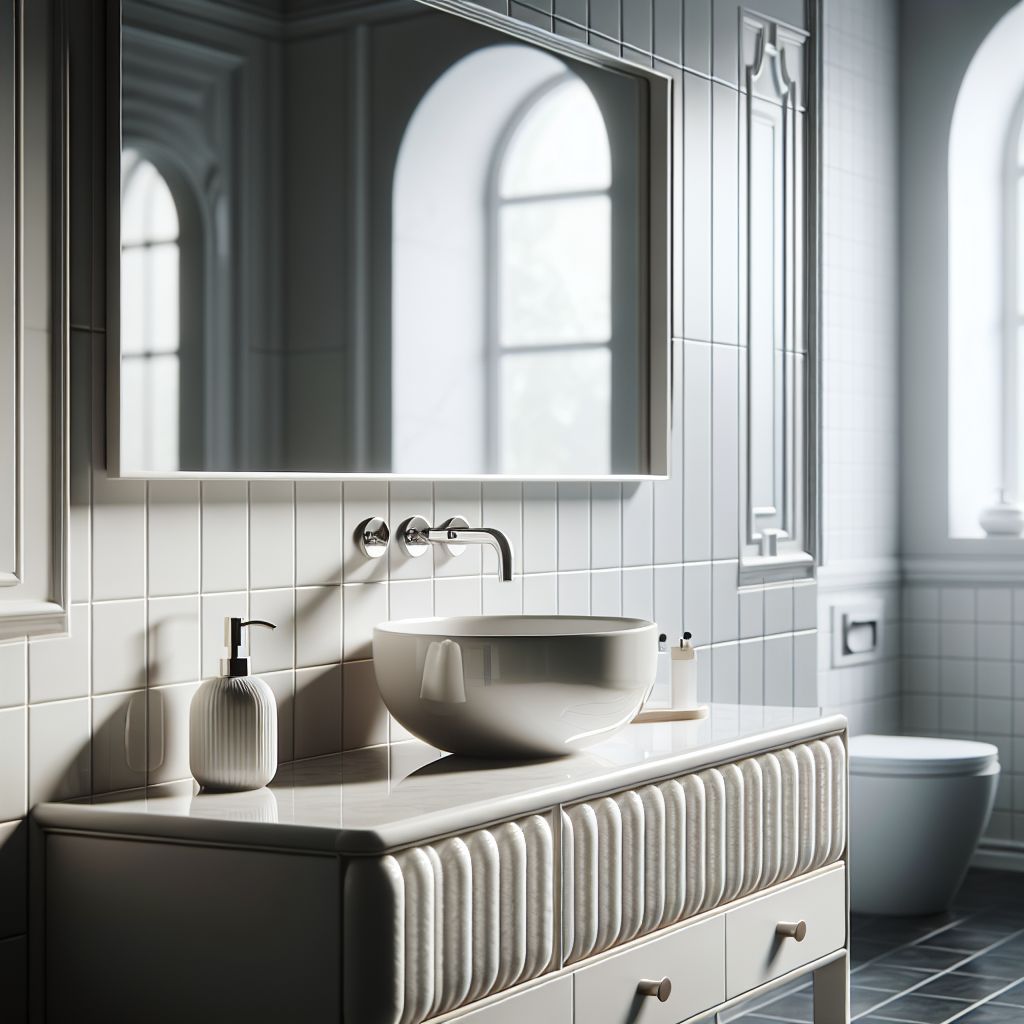 Modern bathroom with a ceramic bathroom vanity, wall-mounted faucet, and a mirrored medicine cabinet.