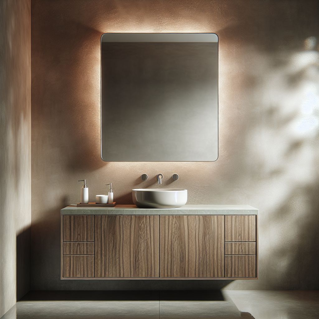 Modern ceramic bathroom vanity with wooden cabinetry and a vessel sink, flanked by a square mirror and warm lighting.