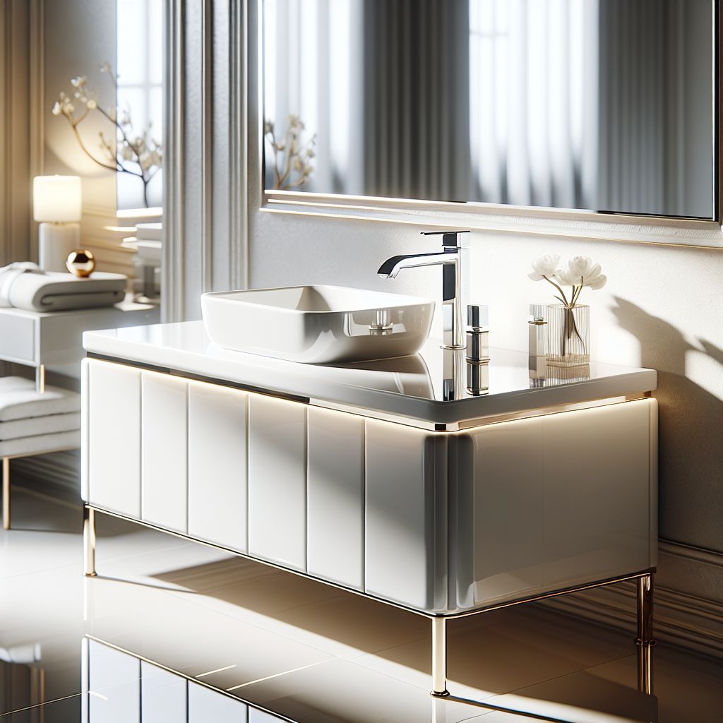 A modern ceramic bathroom vanity with a vessel sink and chrome faucet illuminated by natural light.