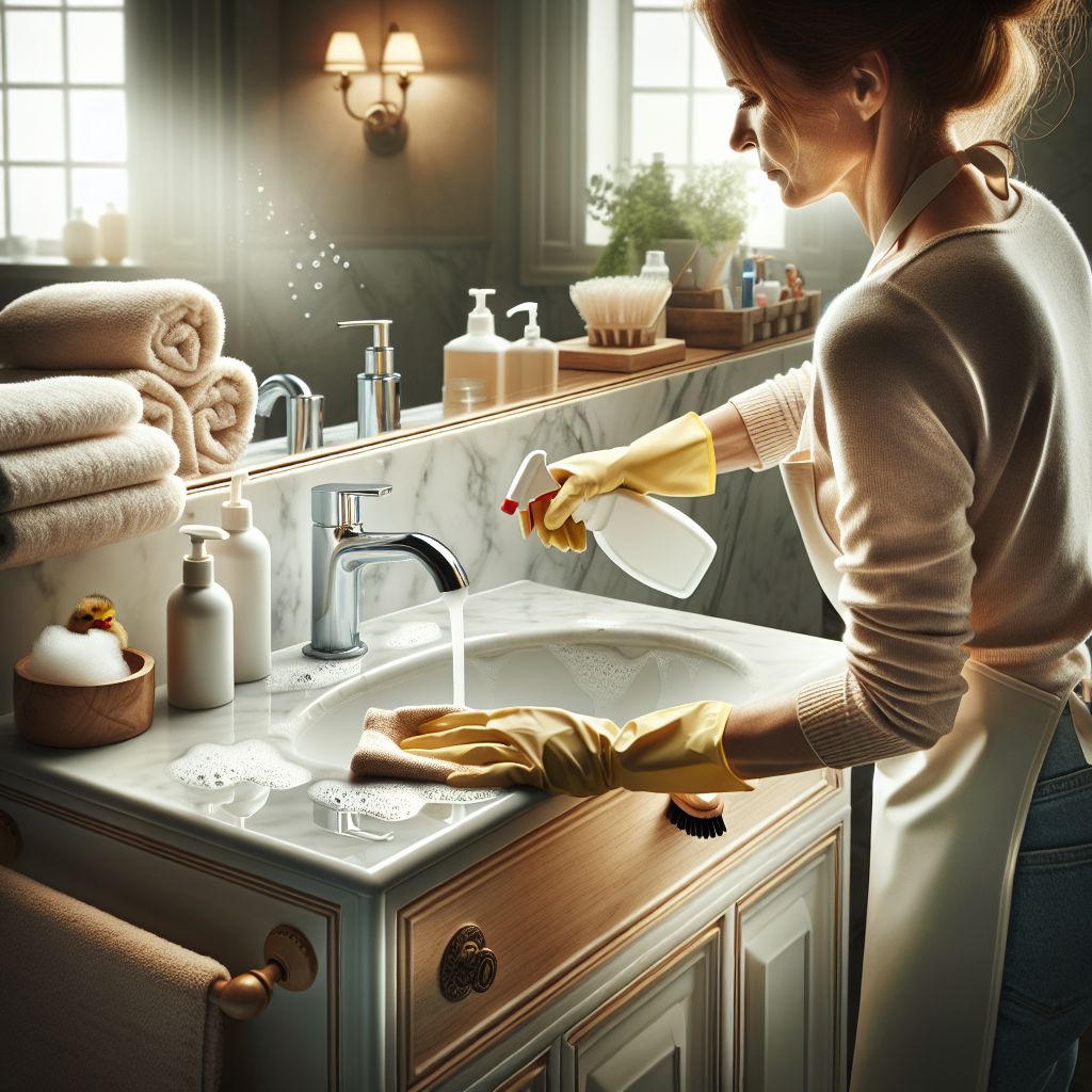 A woman wearing gloves cleaning a ceramic bathroom vanity sink with a spray bottle and cloth.