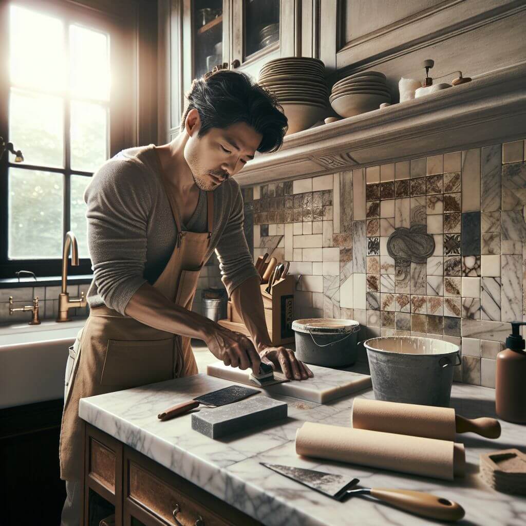 Man focused on rolling out dough in a rustic kitchen setting, with a newly remodeled marble tile backsplash adding elegance to the scene.